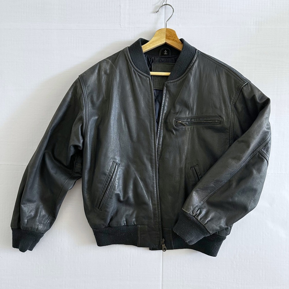 Vintage 80s Mixed Blues Genuine Leather Bomber Jacket Quilted Black Unisex S / M